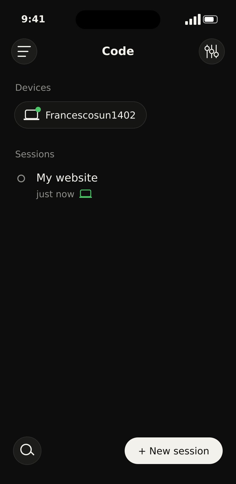 Claude app, Code tab: the Francescosun1402 server appears under devices, with the work sessions on the site