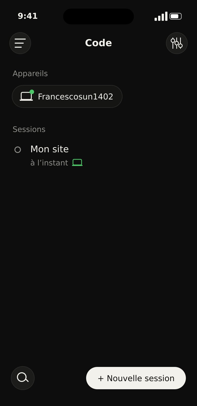 Application Claude, onglet Code : le serveur Francescosun1402 apparaît dans les appareils, avec les sessions de travail sur le site