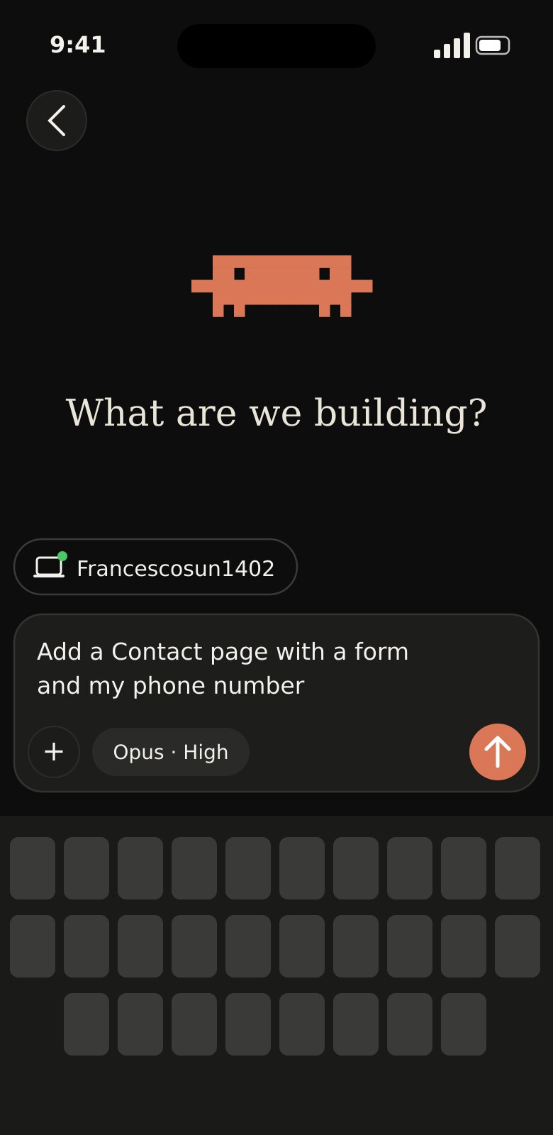 New Claude Code session on the server: request “Add a Contact page with a form and my phone number”