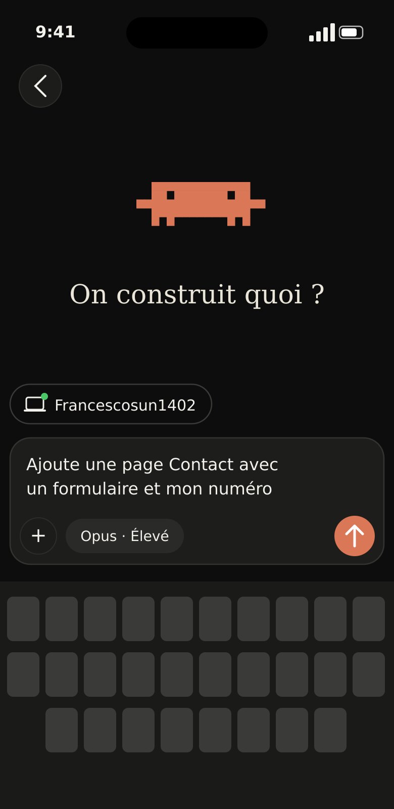 Nouvelle session Claude Code sur le serveur : demande « Ajoute une page Contact avec un formulaire et mon numéro »