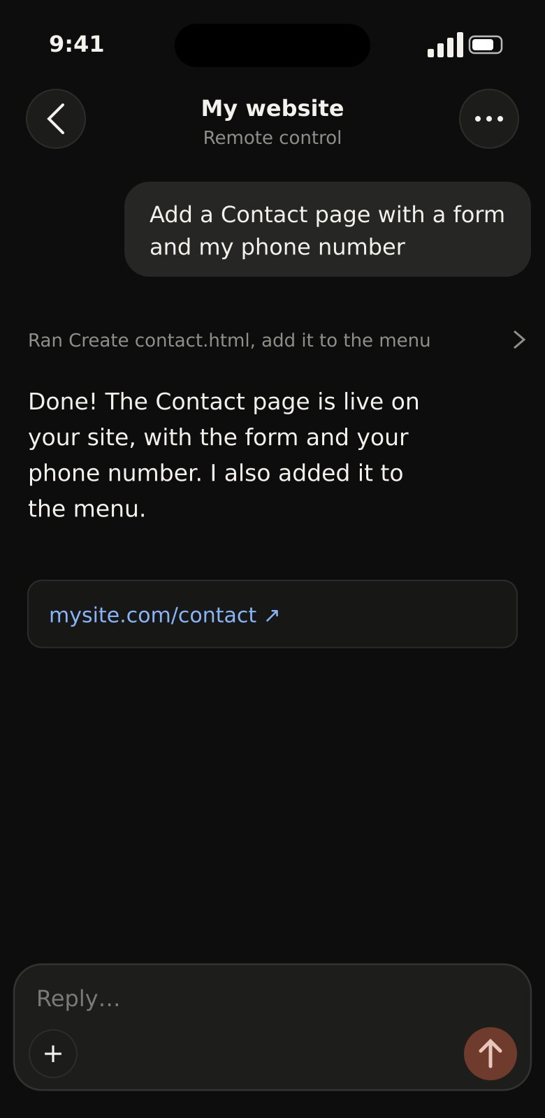 Claude Code reply: the Contact page is created on the server and added to the site menu
