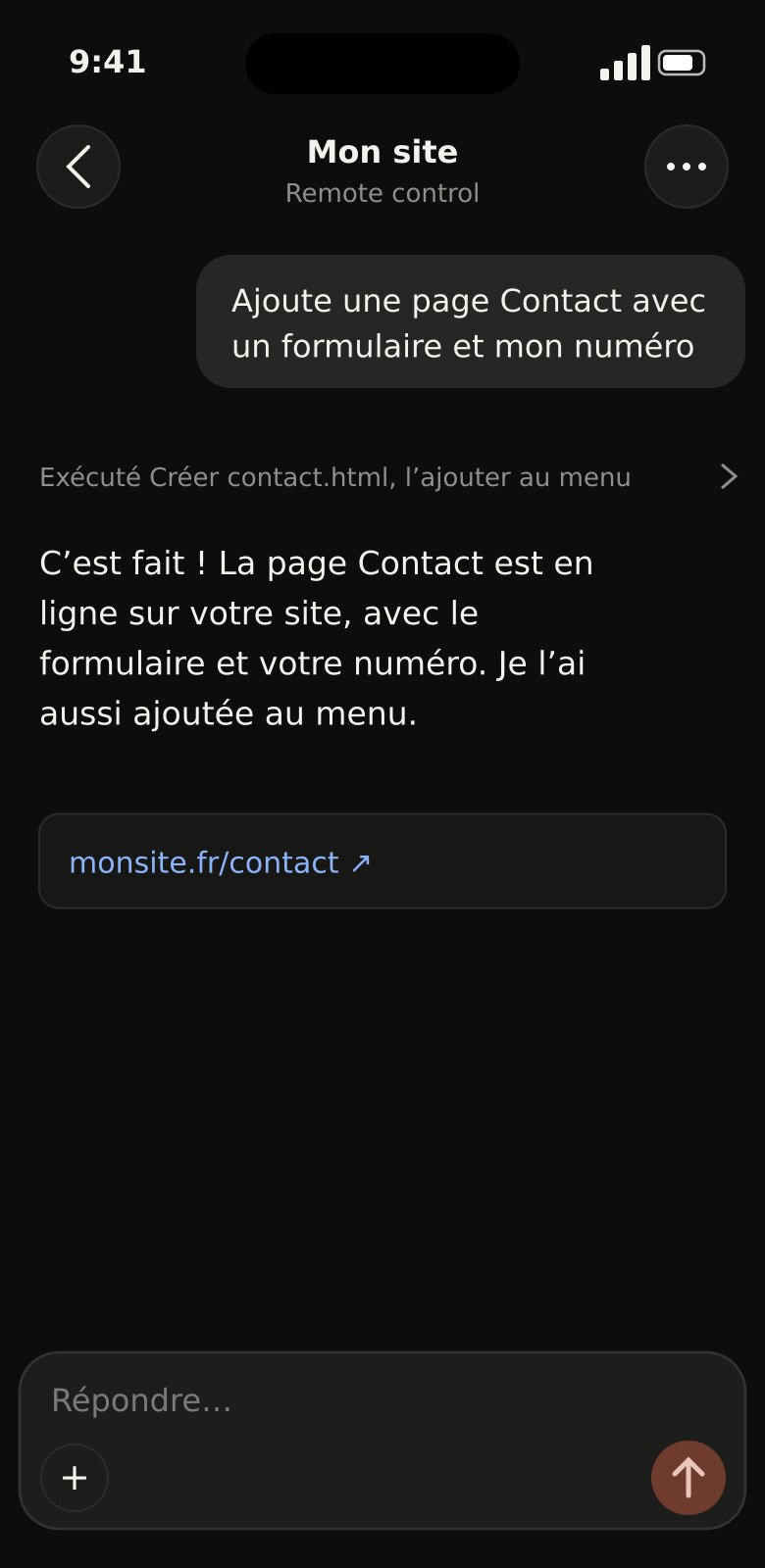 Réponse de Claude Code : la page Contact est créée sur le serveur et ajoutée au menu du site
