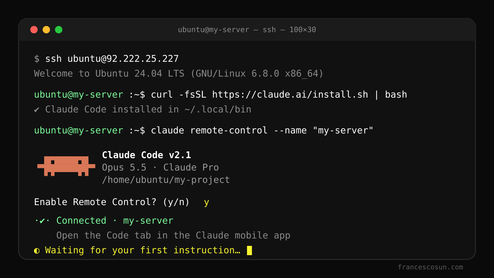 Installer Claude Code sur un serveur VPS Ubuntu : terminal SSH avec l’installation de Claude Code et l’activation du Remote Control pour le piloter depuis son téléphone